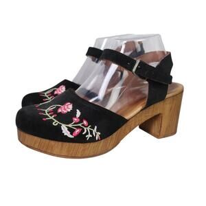 Eric Michael Black Suede Leather Floral Embroidered Clog Heels 40